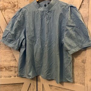 LOFT Blue Striped Blouse with Embellishments